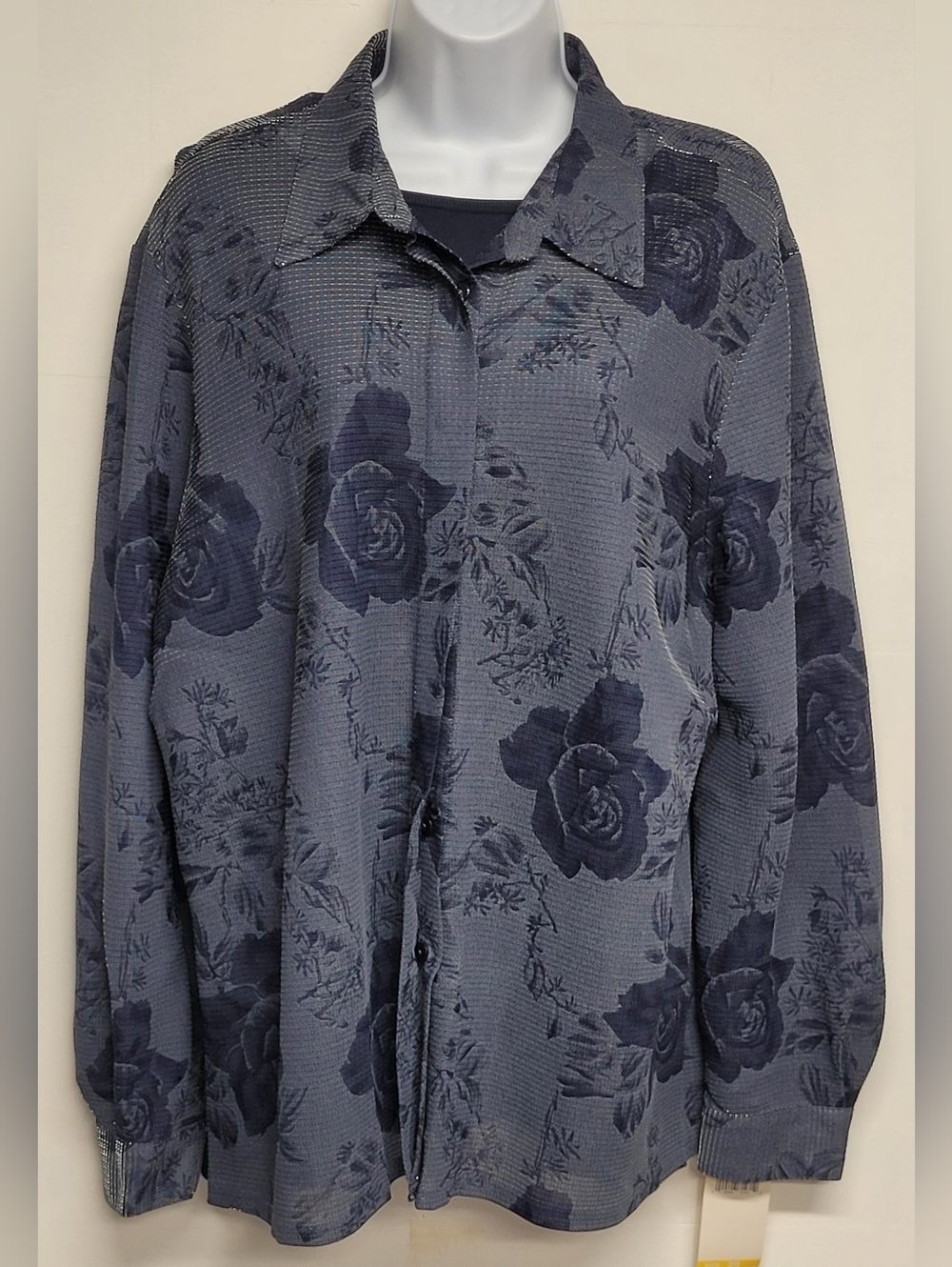 Alfred Dunner 20 Enchanted Evening Navy Blue Metallic Button Down Top